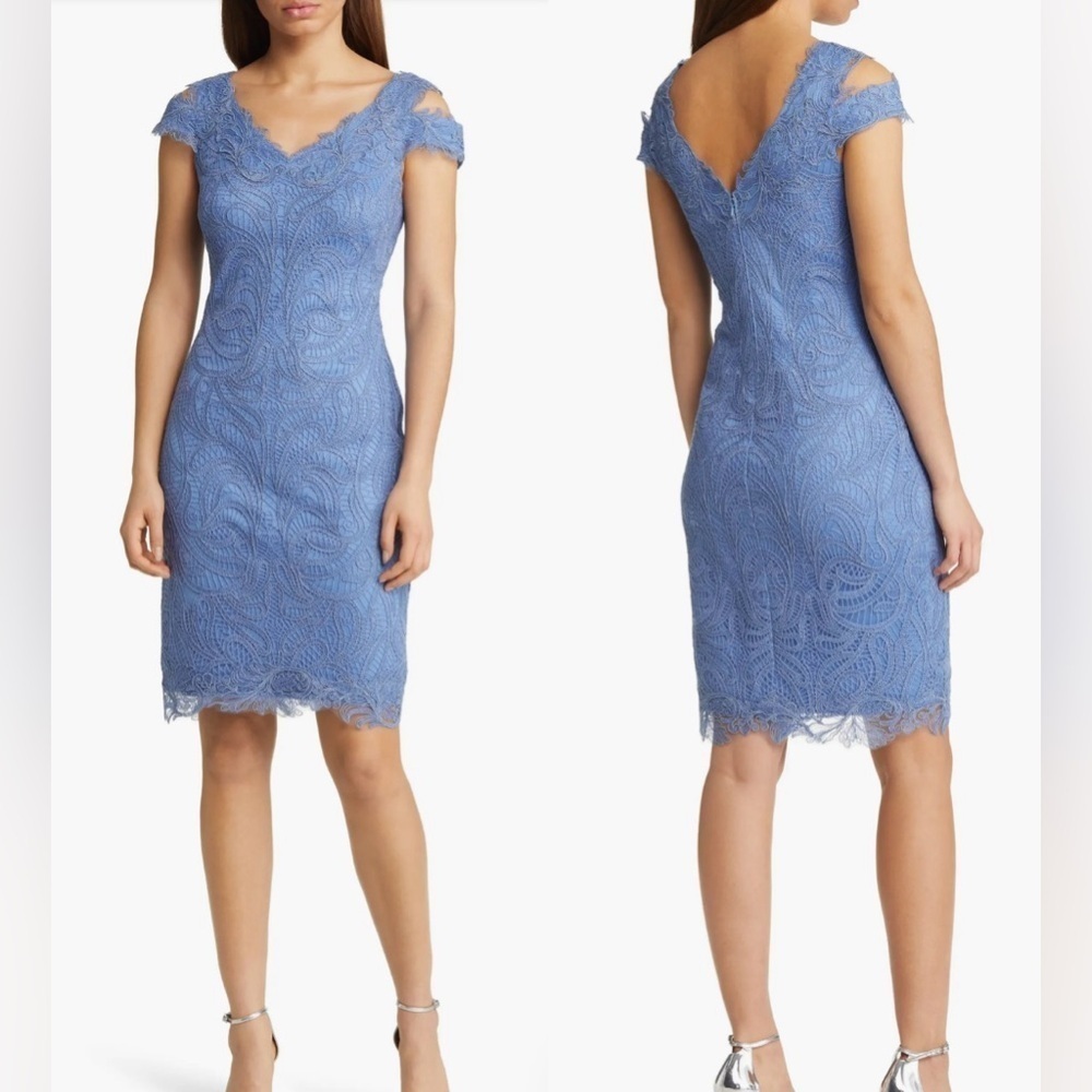 Tadashi Shoji Cold Shoulder Lace Blue stone knee length Cocktail Dress sz 6